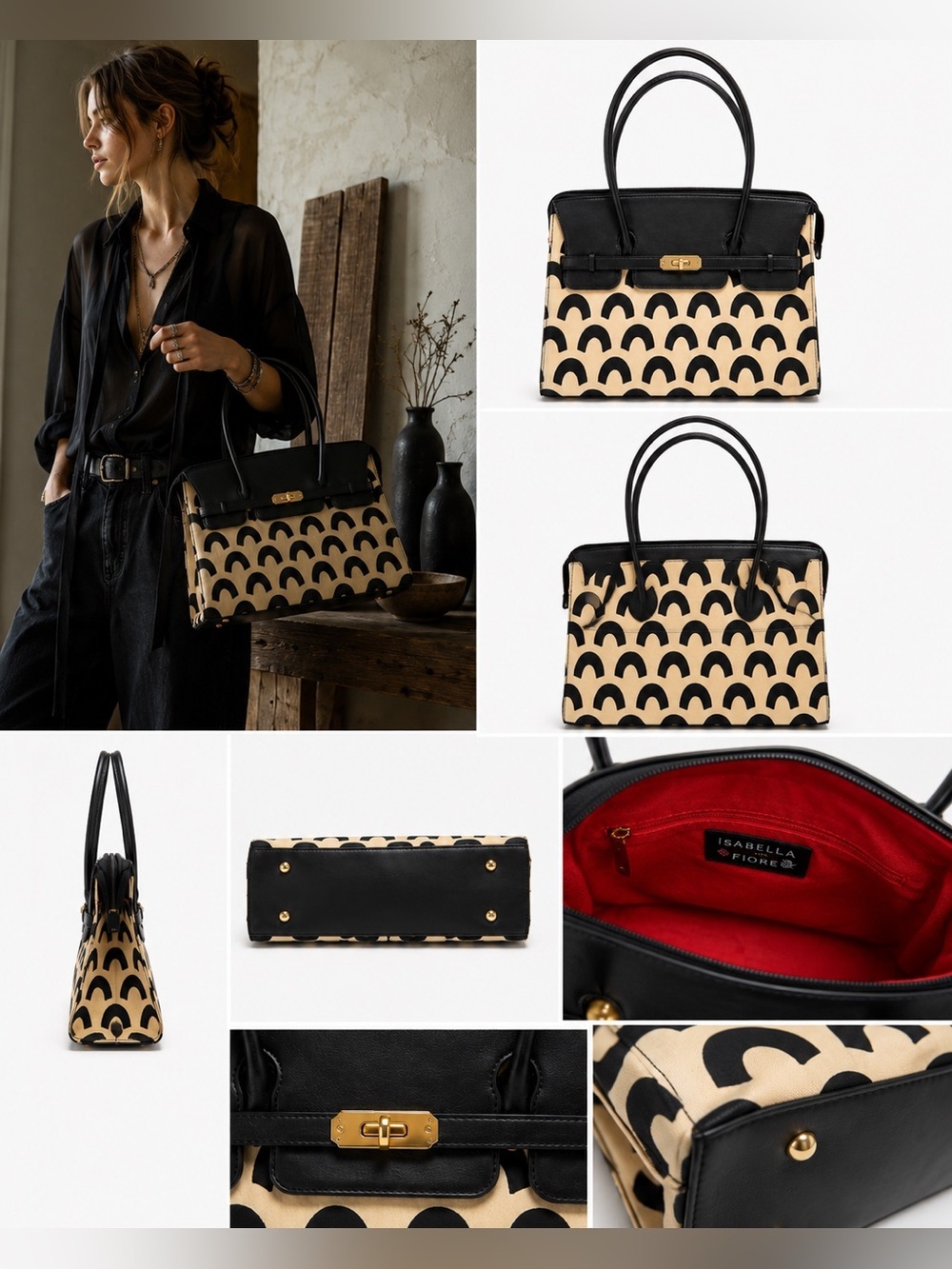 Isabella Fiore Black & Ivory Canvas Leather Satchel Handbag Geometric Print Gold